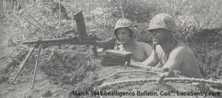 [Previously briefed on Jap weapons, these Marines were prepared to make the best use of this Jap Type 99 LMG.]