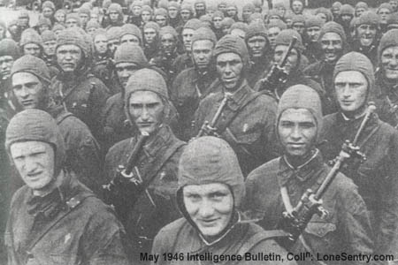 [These members of a Red Army parachute organization are machine gunners and are equipped with Degtyarev light machine guns, Model 1928.]