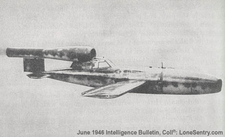 [The German version of the Japanese Baka bomb, driven by a typical V-1 jet engine.]