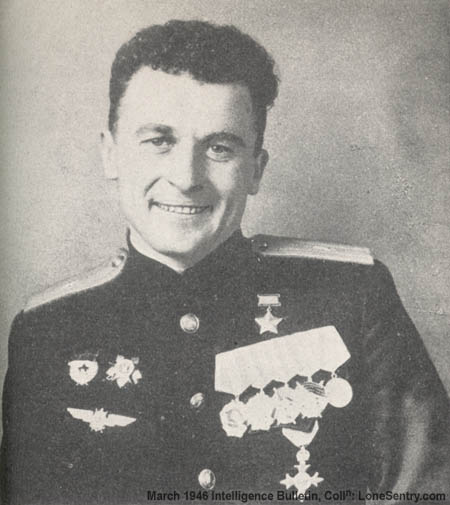 [Red Army pilots raked in the hardware, just like pilots of other forces. This Guardsman has the Red Banner twice, and the Gold Star (top of left breast; the equivalent of the Congressional Medal).]