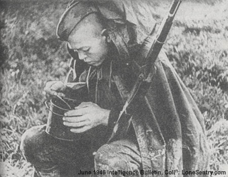 [Chow in the Red Army is not elaborate, but is nourishing and heavy. Standard are rich soups and stews of vegetables and meat. One common dish is