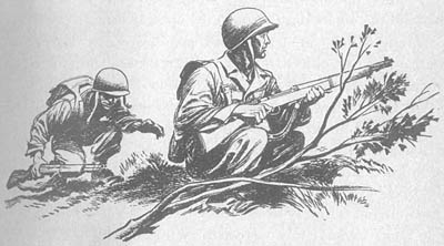 [Allied soldiers on the double, upon coming to a sudden halt, frequently remain in a kneeling position, simply waiting to be shot at.]