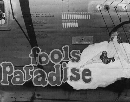 B-24 Liberator "Fools Paradise" of the 38th Bomb Squadron, 30th Bombardment Group photographed on Kwajalein in the Marshall Islands in July 1944.