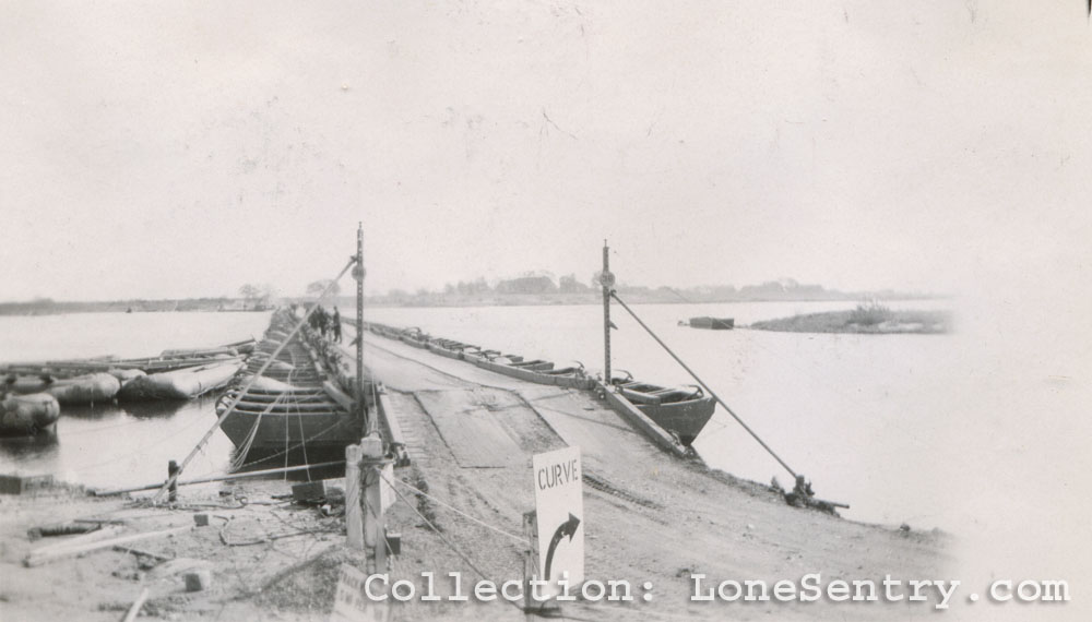 Written on back of photo: Pontoon bridge over Elbe River, Bleckede, Germany