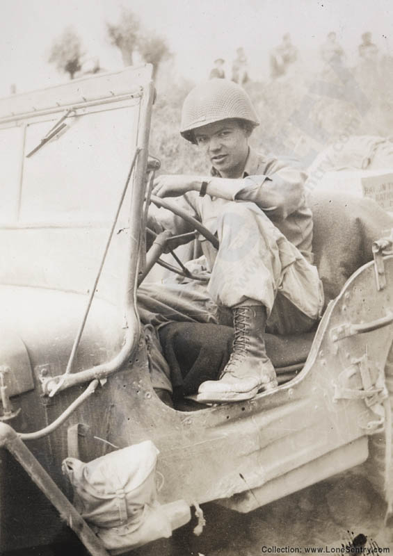 Bill Mauldin, famous Willie and Joe cartoonist, is shown in these two snapshots in his jeep nicknamed Jeanie near the Po River in Italy.