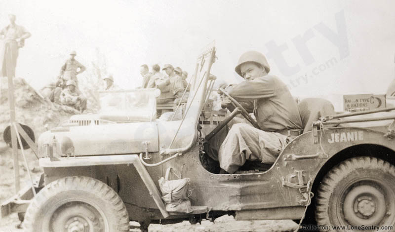 Bill Mauldin, famous Willie and Joe cartoonist, is shown in these two snapshots in his jeep nicknamed Jeanie near the Po River in Italy.