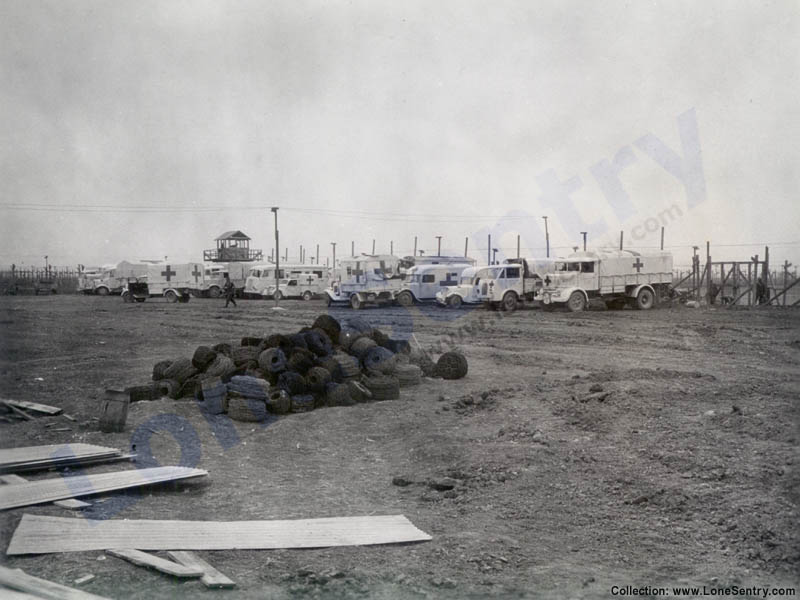 Ambulances and medical vehicles outside a Allied prisoner-of-war camp in Italy in 1945, from a photo collection of the U.S. 345th Engineers.