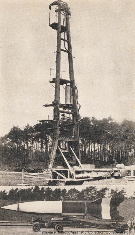 After carrying the V-2 to its launching site, the trailer shown... raised the rocket to vertical for servicing and launching ([top], shows raised trailer without rocket).