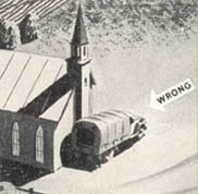 [FIGURE 27 (1) and (2). Wrong. Morning or late afternoon shadows are long and protective.  Park your vehicle in them.  But remember that shadows move. Be sure you move with them.]