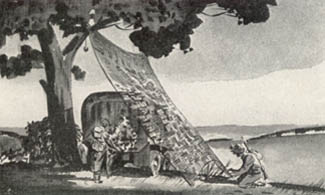 [FIGURE 48. A sloped side screen hung from a tree conceals a vehicle from oblique observation.  Repairs, unloading, and other activities can be carried on behind it.  Camouflage nets used as drapes can often combine the principles shown in figures 47 and 48, and thus provide concealment from both ground and air observation.]