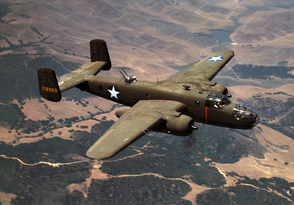 b-25 medium bomber over inglewood, california