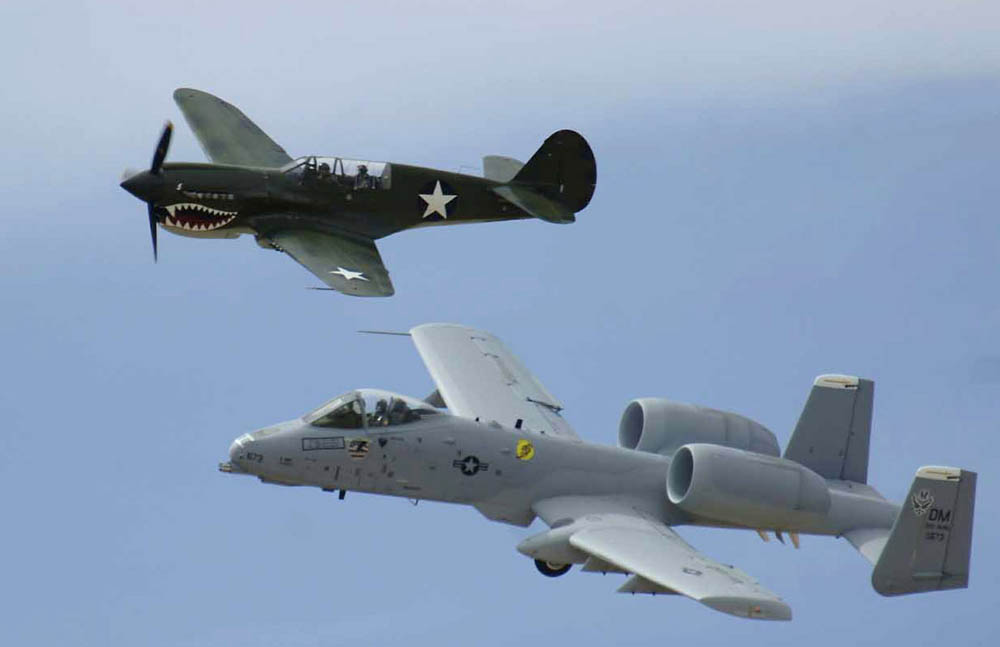 p-40 warhawk fighter and a-10 thunderbolt