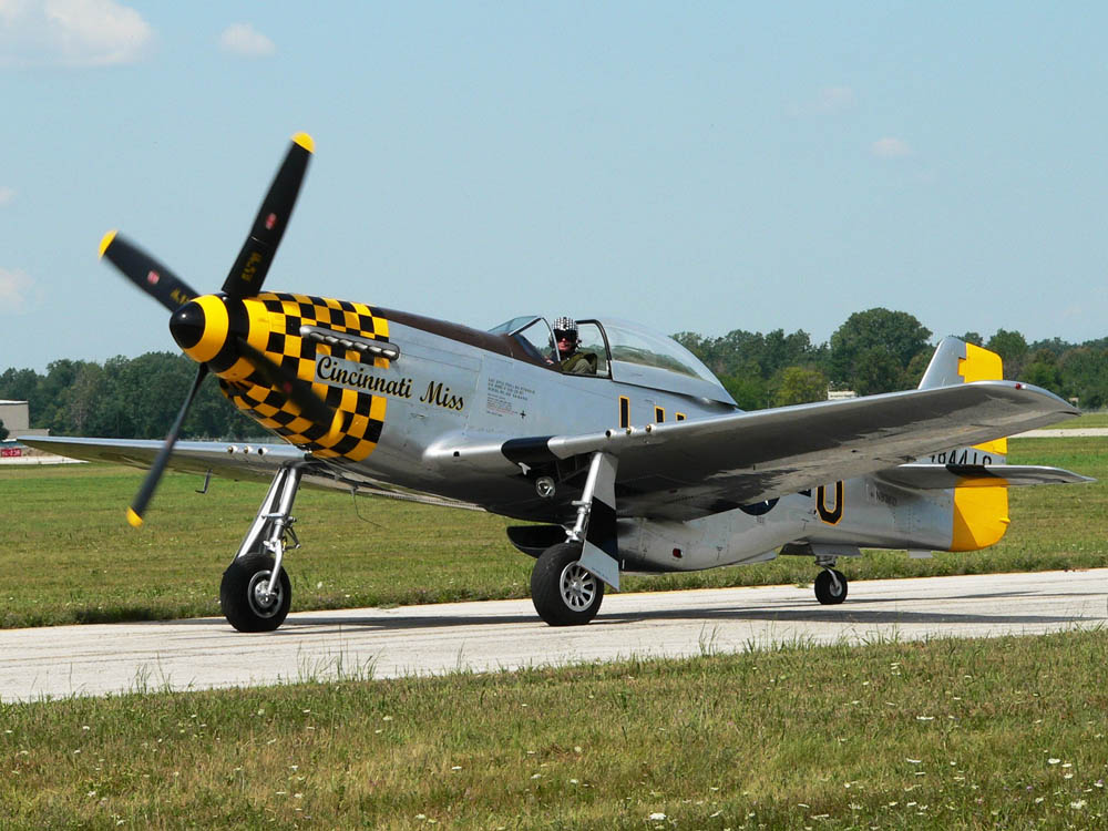 P-51 Mustang "Cincinnati Miss" taxis after landing at the Willow Run Airport in Ypsilanti, MI in 2005. (Source Wikimedia, Public Domain Image)
