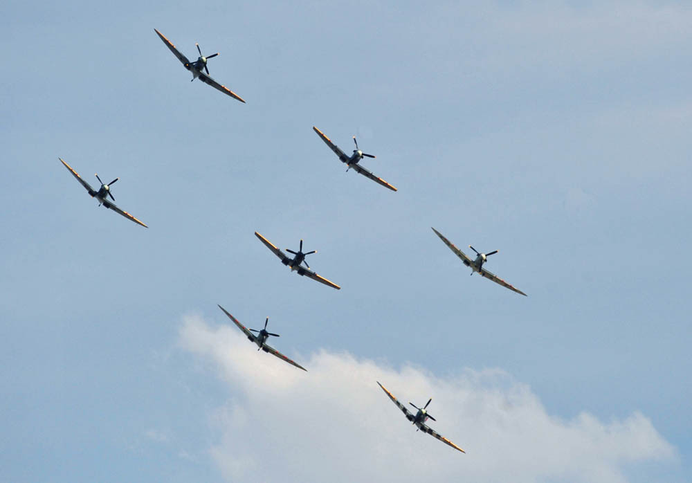Front-view of a formation of Supermarine Spitfires during the Duxford Air Show in Sept. 2011