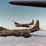 Color photo of two Being YB-29 Superfortress heavy bombers in flight. (U.S. Air Force Photograph.)