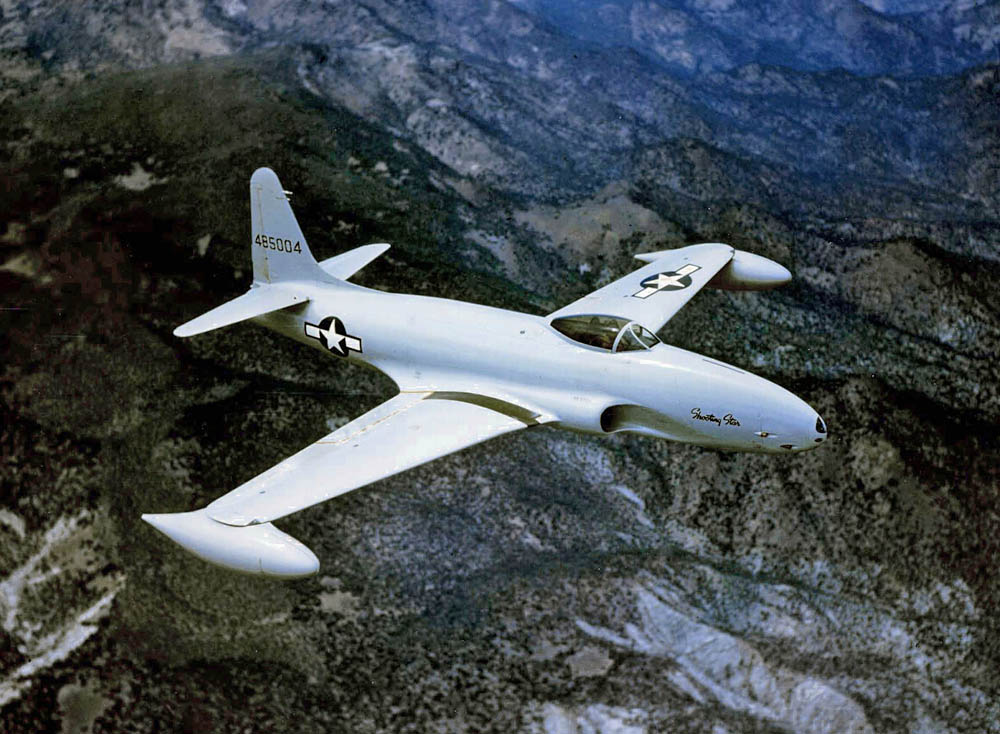 Color photograph of a U.S. Air Force Lockheed P-80A Shooting Star in flight. (U.S. Air Force Photograph.)