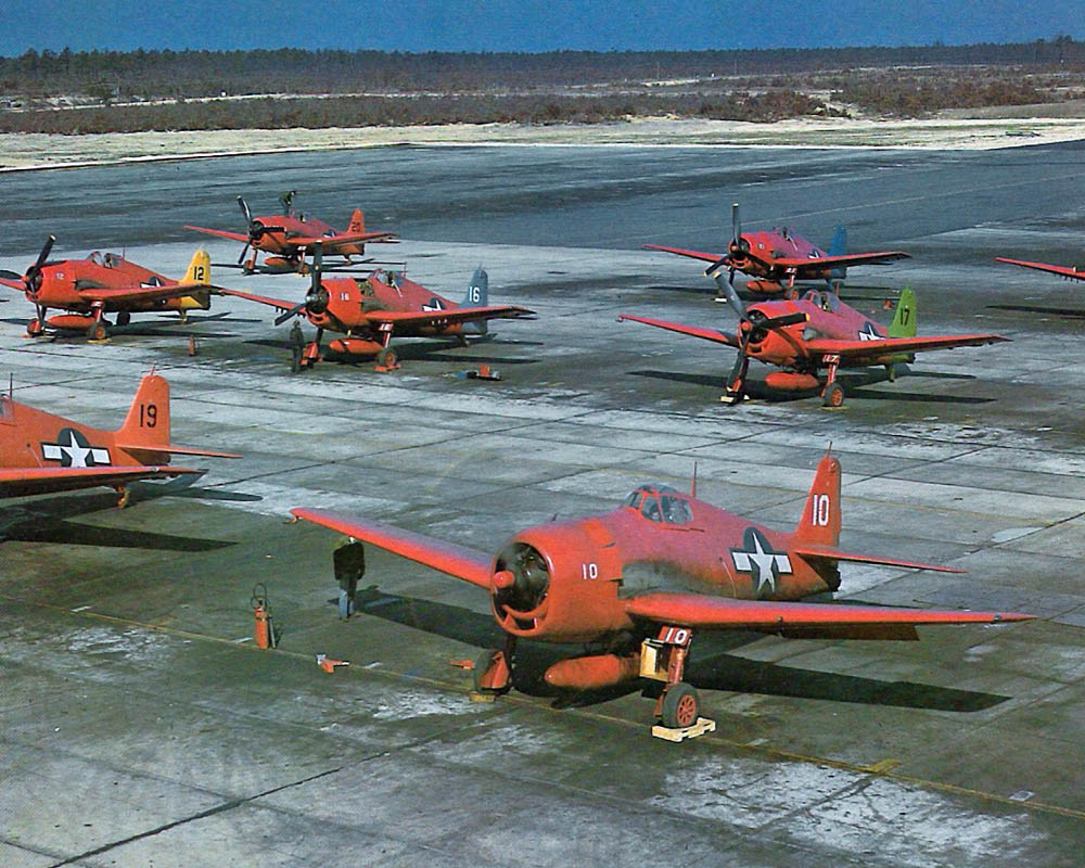Grumman F6F-5 Hellcats converted to drones for use during the Operation Crossroads atomic tests on the Bikini Atoll in July 1946. (U.S. Navy Photograph.)