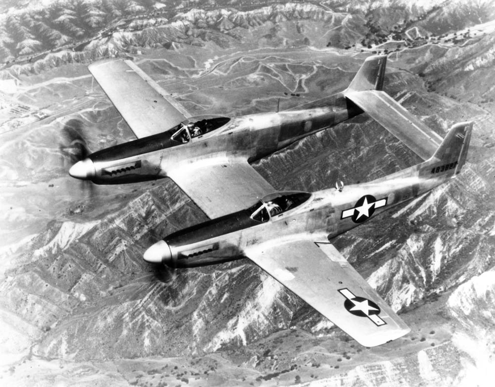 North American F-82 Twin Mustang in flight prior to attempting to set a dual record for speed and fighter endurance on a 5,000 mile flight from Hawaii to New York. (U.S. Air Force Photograph.)
