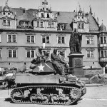 U.S. light tanks and crewmen wait for orders in Coburg, Germany. (U.S. National Archives.)