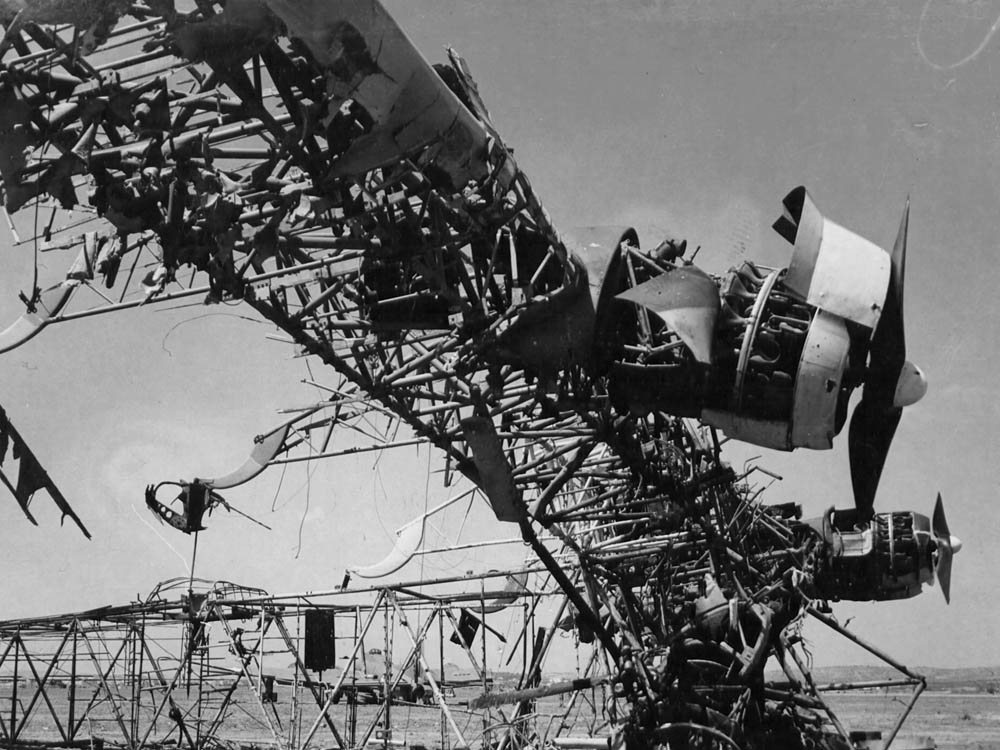 The wreckage of a Messerschmitt Me 323 Gigant transport aircraft on the El Aouina airfield in Tunis, Tunisia.