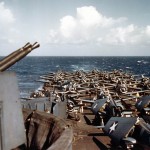 The flight deck of the aircraft carrier USS Essex (CV-9) during the ship's shakedown cruise in March 1943 with numerous F6F Hellcat fighters and SBD Dauntless bombers. (Official U.S. Navy Photograph, U.S. National Archives.)