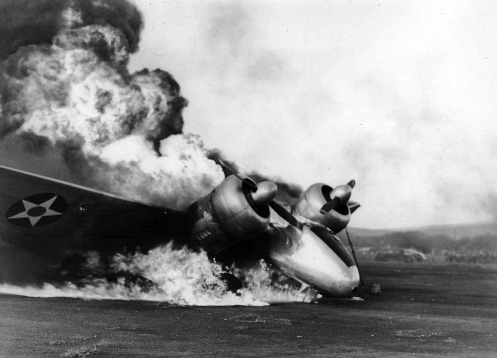A U.S. Marine Corps Lockheed JO-2 Electra Junior destroyed at Marine Corps Air Station Ewa during the Japanese attack on Pearl Harbor on December 7, 1941. (USMC Archives.)