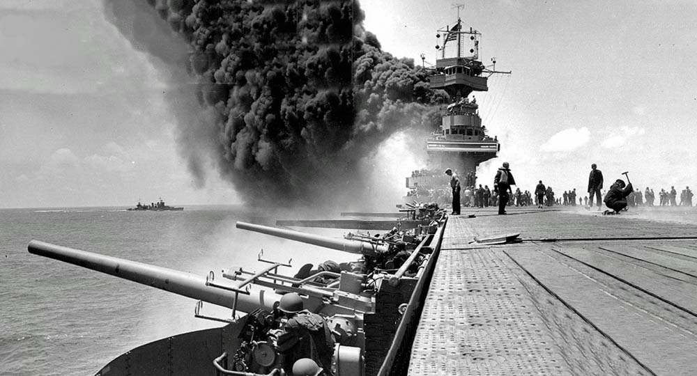 The U.S. Navy aircraft carrier USS Yorktown after being hit by Japanese attacks during the Battle of Midway, June 4, 1942.