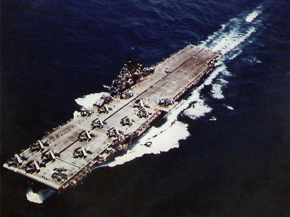 The U.S. Navy aircraft carrier USS Yorktown (CV-10) photographed at sea during 1943. (U.S. Navy Photograph.)