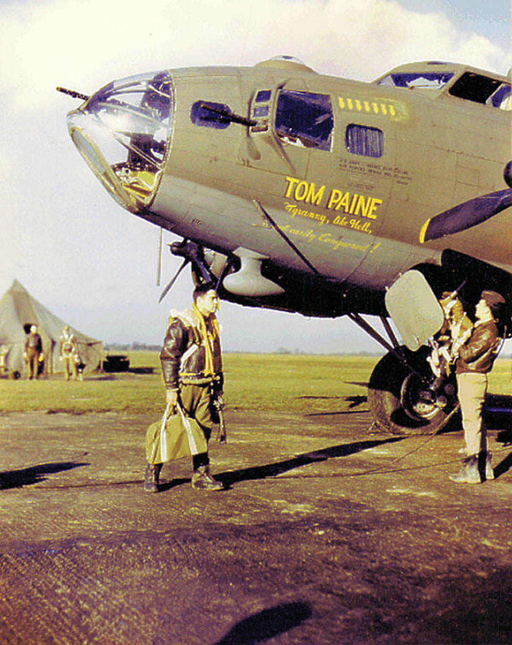 Color photograph of the B-17F Flying Fortress 'Tom Paine' of the 388th Bomb Group based at RAF Knettishall, England during World War II. (United States Air Force Photograph.)