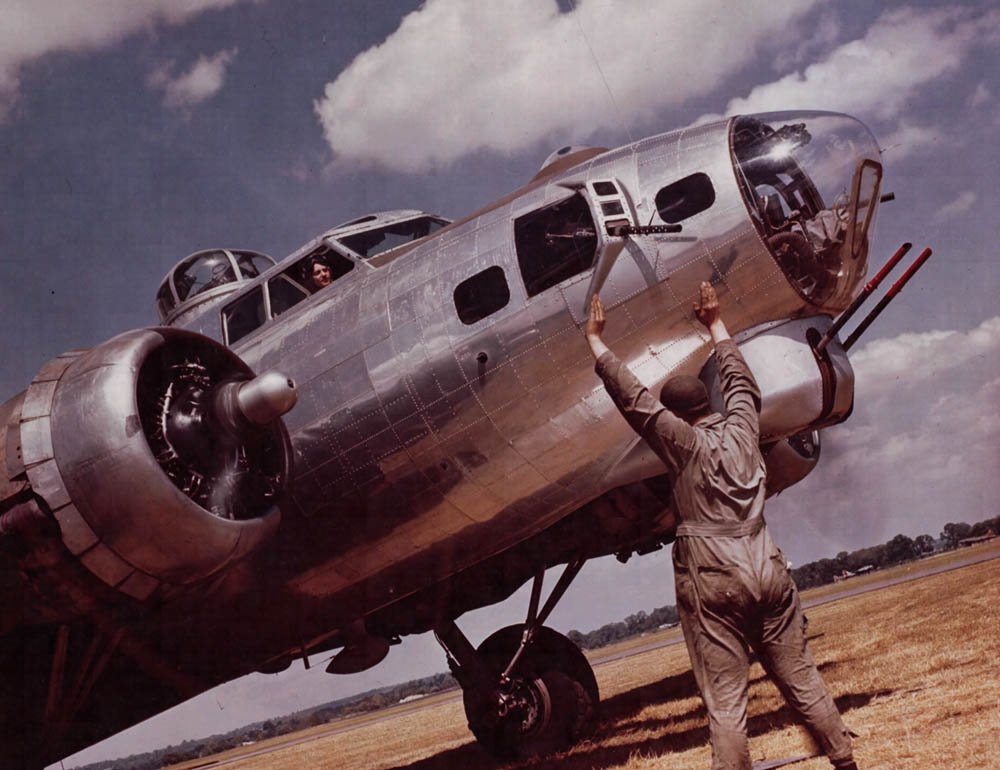 Color photograph of a B-17G Flying Fortress of the 324th BS, 91st BG. (U.S. Air Force Photograph.)