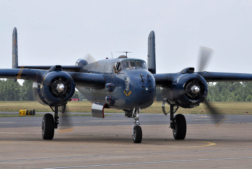 A B-25, piloted by Beth Jenkins, taxis in after performing at the Wings Over Tyler Air Show at the Tyler Pound Regional Airport in Tyler, Texas, June 3, 2011.
