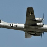 A World War II-era B-29 Superfortress bomber passes over Air Expo 2011, April 17, at Naval Air Station Fort Worth Joint Reserve Base, Texas. Airmen with the 11th Bombardment Group flew planes like "FiFi" during the end of WWII. (U.S. Air Force Photograph / Lt. Col. David Kurle.)