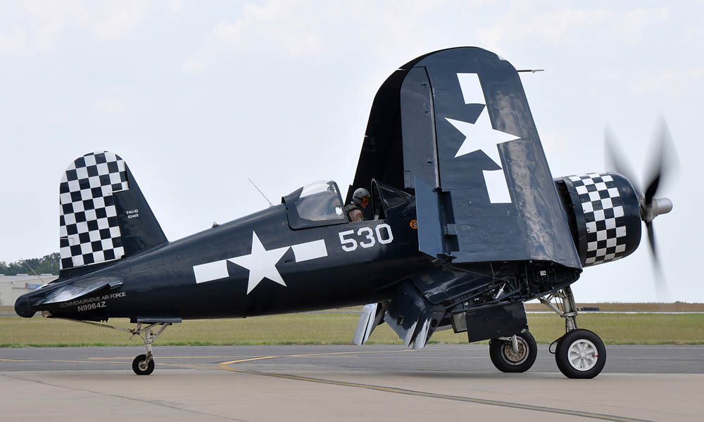 Chris Avery prepares his the F4U Corsair for takeoff during the Wings Over Tyler Air Show at Tyler Pounds Regional Airport, in Tyler, Texas.