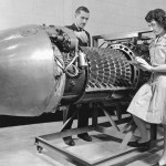 A German Jumo 004 engine with cover removed is inspected at the Aircraft Engine Research Laboratory of the National Advisory Committee for Aeronautics (NACA) in March 1946. (NASA Photograph.)