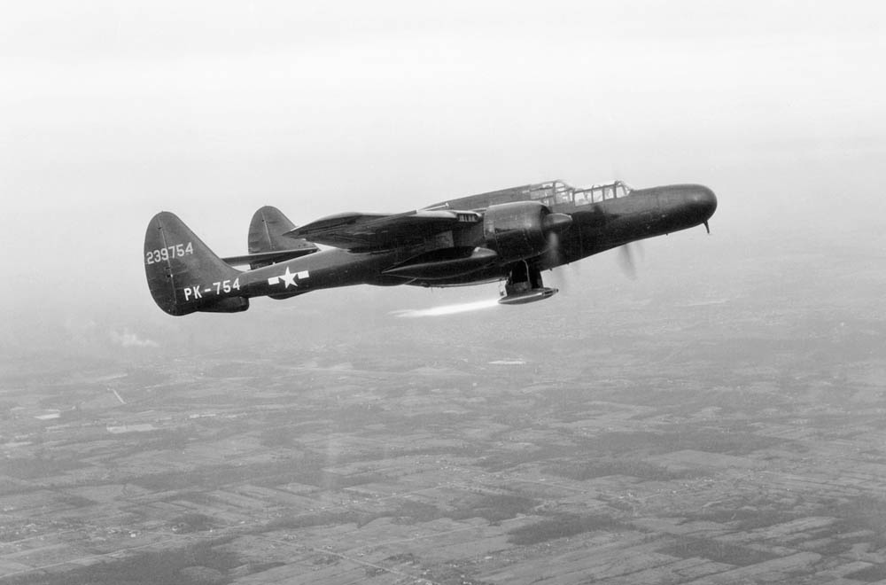 In-flight testing of a ramjet mounted on a Northrop P-61 Black Widow at the Aircraft Engine Research Laboratory (AERL) of NACA. (NASA Photograph.)