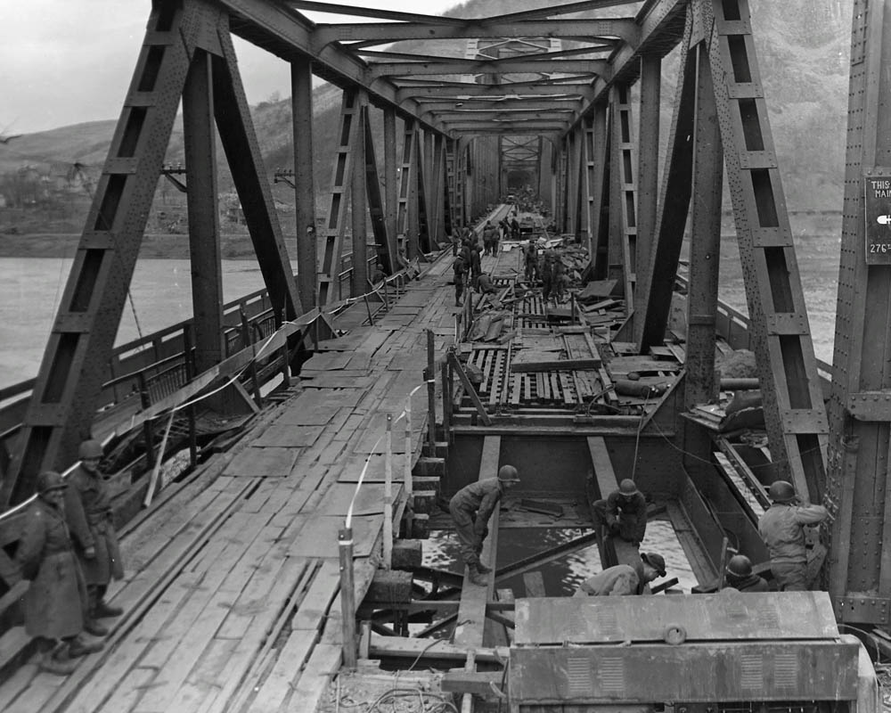 The Remagen Bridge over the Rhine River captured by the U.S. 9th Armored Division during Operation Lumberjack.