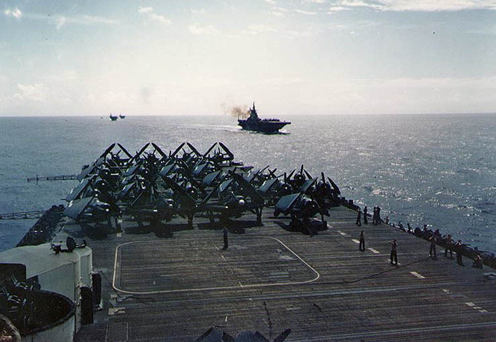 USS Hornet ahead of USS Bon Homme Richard during western Pacific gunnery practice, June 1945. (U.S. Navy Photograph.)
