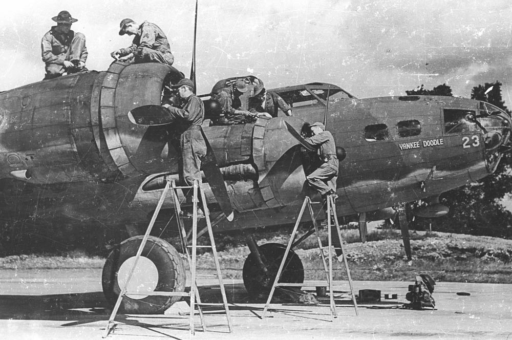Boeing B-17 Flying Fortress "Yankee Doodle" commanded by Brig. Gen. Ira C. Eaker on the first B-17 bombing mission against Europe, August 1942. (U.S. Air Force Photograph.)