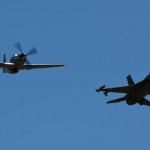 Original Caption: A F-16C Fighting Falcon, 457th Fighter Squadron, flies in formation with a P-51 Mustang over Naval Air Station Fort Worth Joint Reserve Base, Texas, Oct. 3, 2014. The 457th FS was activated on Oct. 4, 1944, and flew P-51's during World War II providing long-range support for bombers over Iwo Jima. (U.S. Air Force Photograph, Staff Sgt. Jonathan Snyder.)