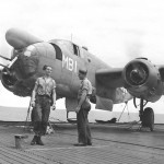 A North American PBJ-1D Mitchell bomber of squadron VMB-611 on the deck of the escort carrier USS Manila Bay during transport, August 1944. (U.S. Navy Photograph.)