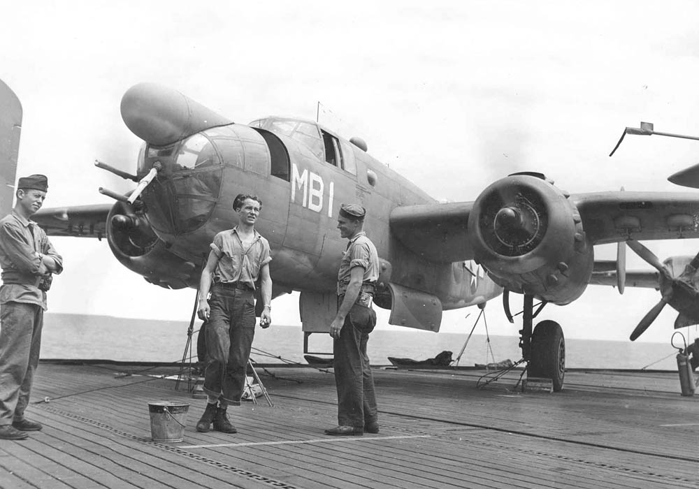 A North American PBJ-1D Mitchell bomber of squadron VMB-611 on the deck of the escort carrier USS Manila Bay during transport, August 1944. (U.S. Navy Photograph.)