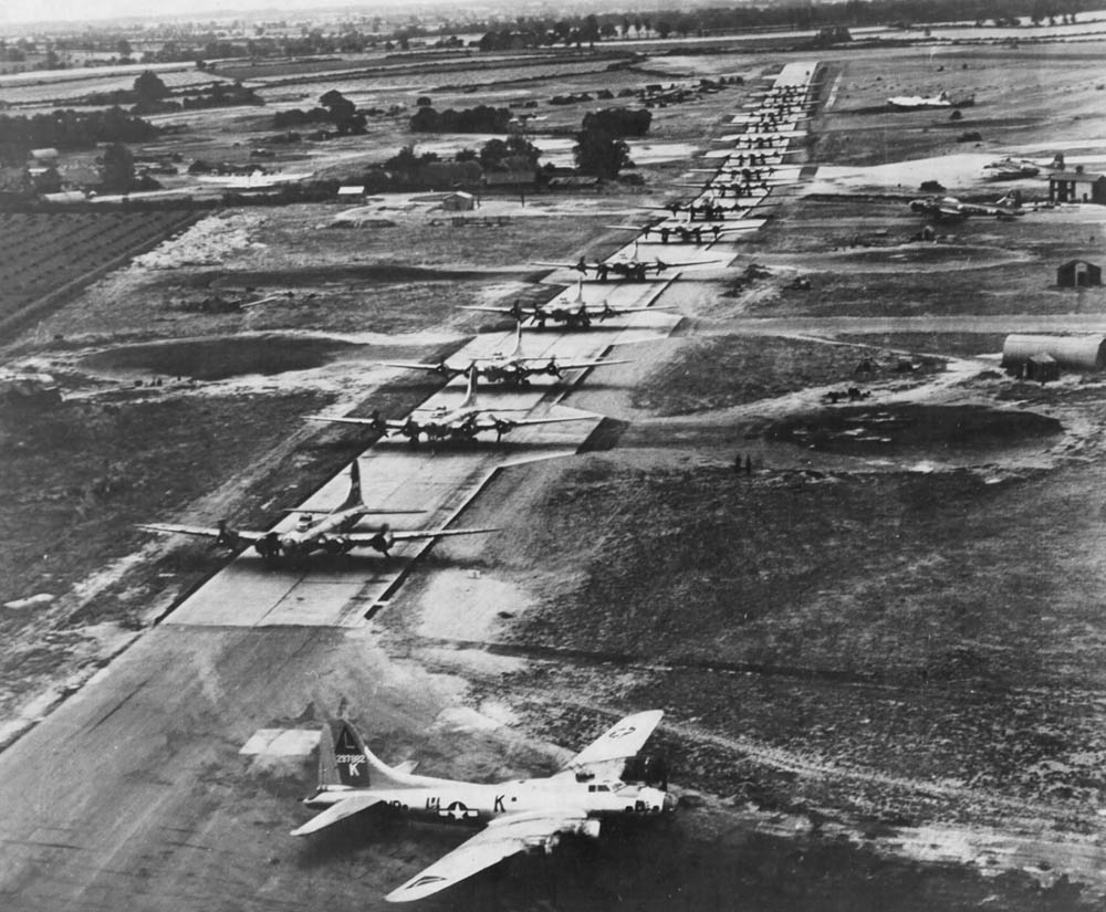 A lineup of B-17 Flying Fortresses of the 381st BG prepares for a bombing mission over Europe during World War II. (U.S. Air Force Photograph.)