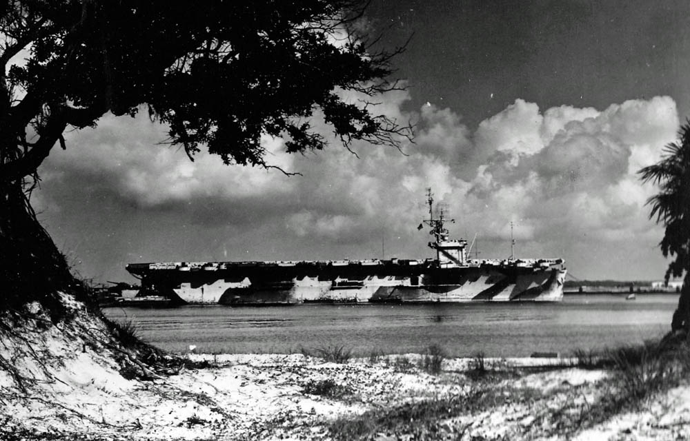 The U.S. Navy's USS Guadalcanal (CVE-60), a Casablanca-class escort carrier, is photographed at anchor in February 1945. (U.S. Navy Photograph.)