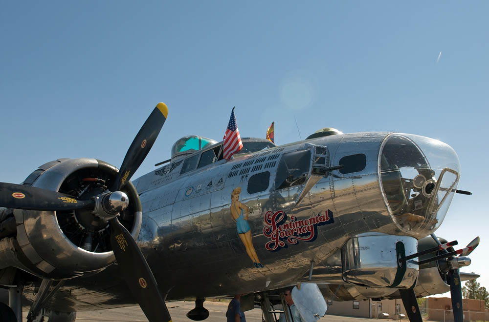 The B-17G Sentimental Journey on display at the War Eagles Air Museum at the Doña Ana County Airport Oct. 2. The Sentimental Journey is one of only a handful of operational B-17s still available to the public and is widely considered to be the most authentic restoration of its kind. (U.S. Dept. of Defense Photo by Sgt. Jonathan Thomas.)
