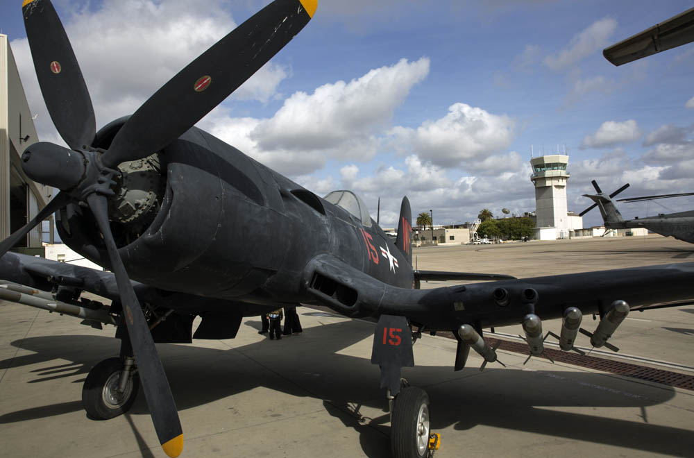 A Chance Vought F4U Corsair is displayed during the 70th anniversary celebration of Marine Heavy Helicopter Squadron 462 aboard Marine Corps Air Station Miramar, California, April 26. The squadron displayed the Corsair to show what its capabilities were when it first began in 1944. (U.S. Dept. of Defense Photo by Lance Cpl. Christopher Johns.)