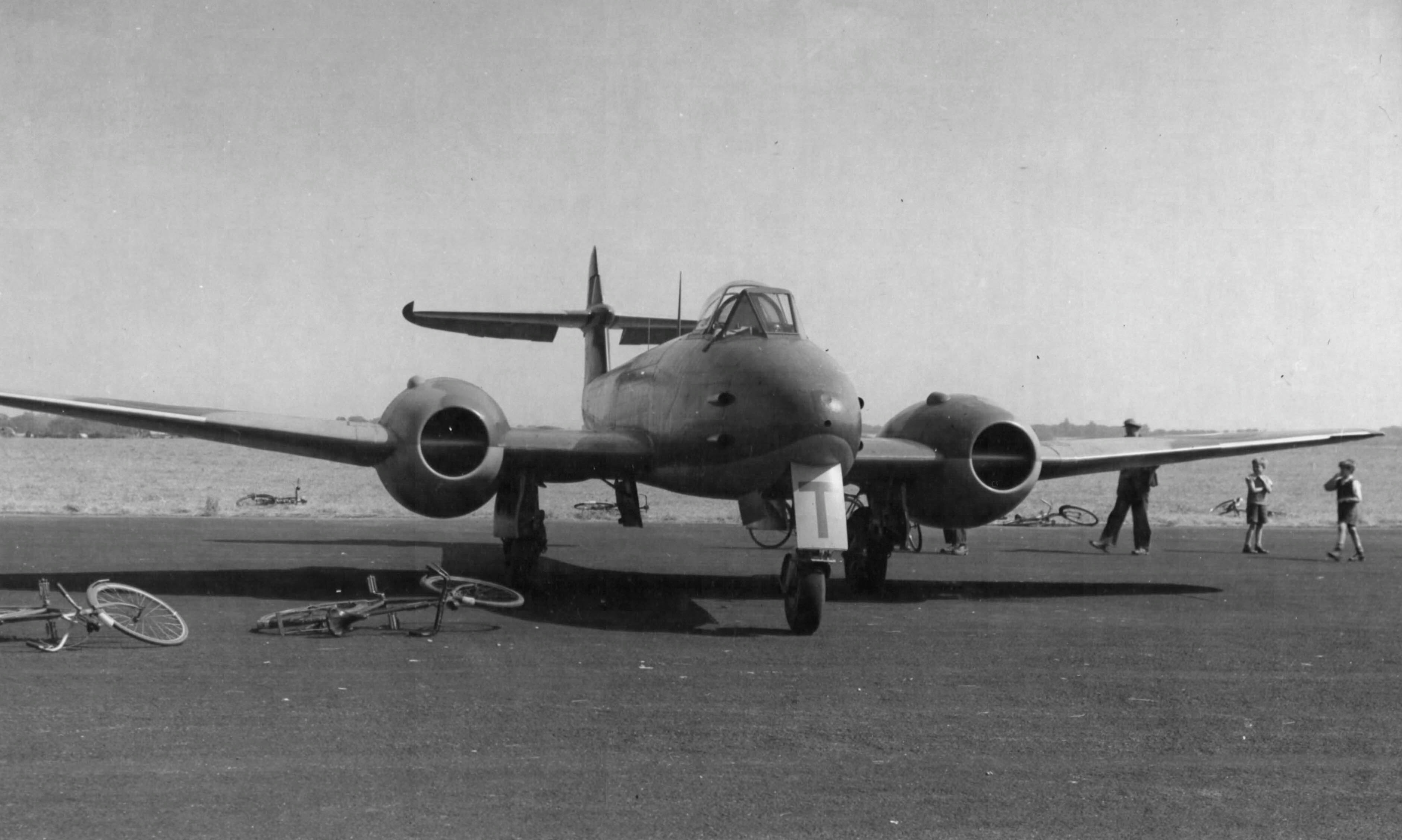 A British Meteor jet fighter photographed at an airfield in England, August 1945. (U.S. Air Force Photograph.)