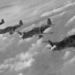 A formation of P-51 Mustangs from the 374th FS, 361st FG of the Eighth Air Force photographed over England during World War II. (U.S. Air Force Photograph.)