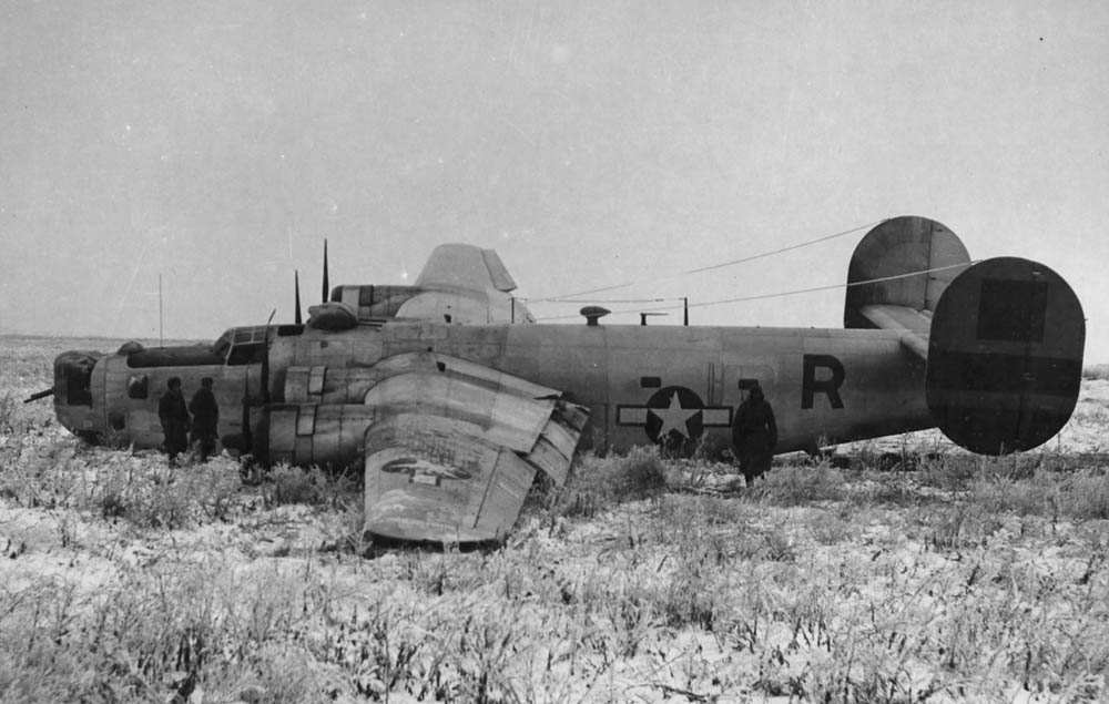 A Consolidated B-24 Liberator of 780th BS, 465th BG which crash landed in a dense fog near Poltava Airbase in Russia. (U.S. Air Force Photograph.)