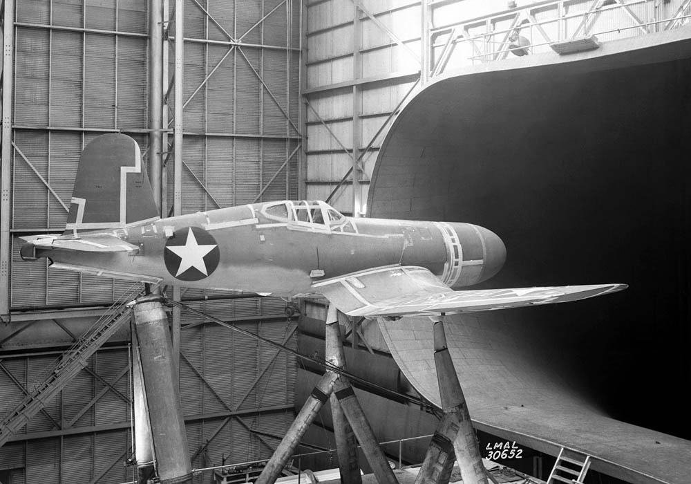 Vought F4U-1 Corsair being tested in Langley's 30x60 full-scale wind tunnel. (NASA Photograph.)