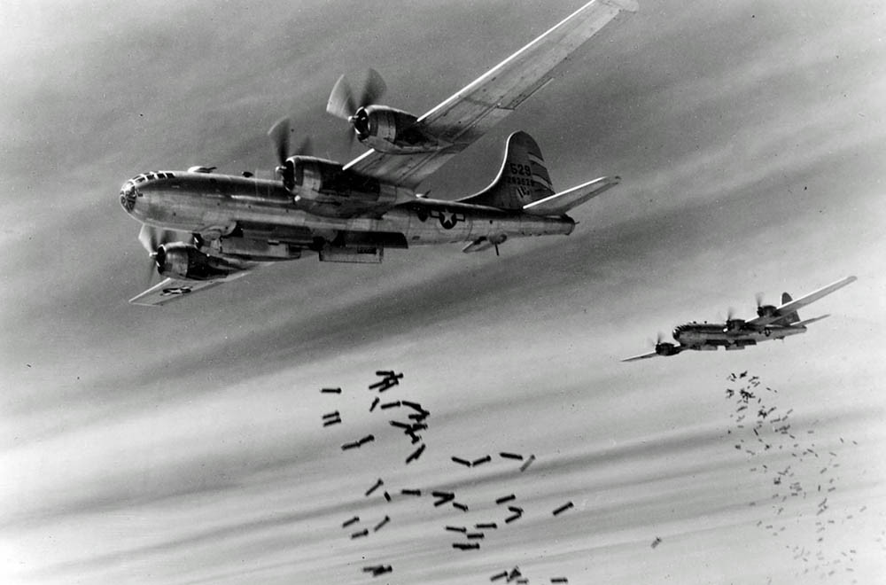 B-29 Superfortress of 468th Bombardment Group attacking Rangoon, Burma in March 1945. (U.S. Air Force Photograph.)
